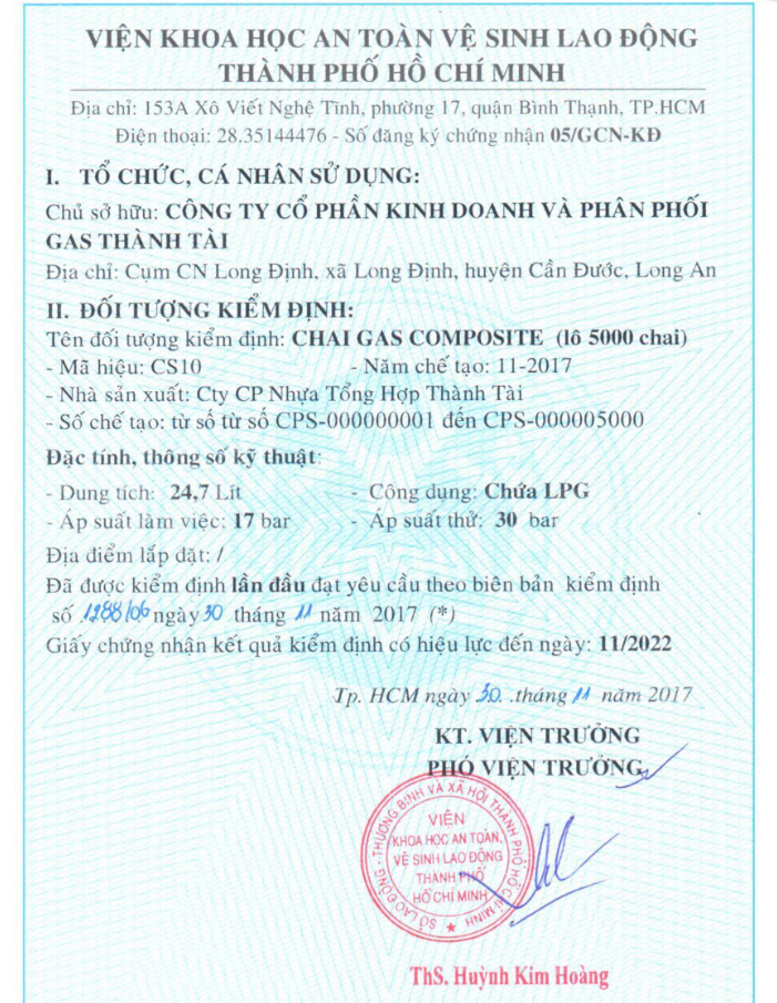 Chứng nhận bảo hiểm cho bình gas
